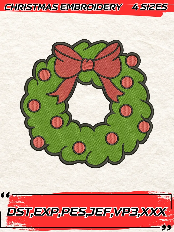 Christmas Wreath Embroidery Design,Christmas Embroidery Design,4 Sizes, Digital Download