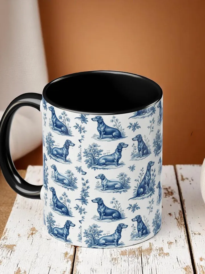 Dachshund French Toile de Jouy Ceramic Mug, Toile Coffee Cup for Doxie Mom, Sausage Dog Lover Gifts, Dog Tea Drinkware, Gift For Dog Lovers