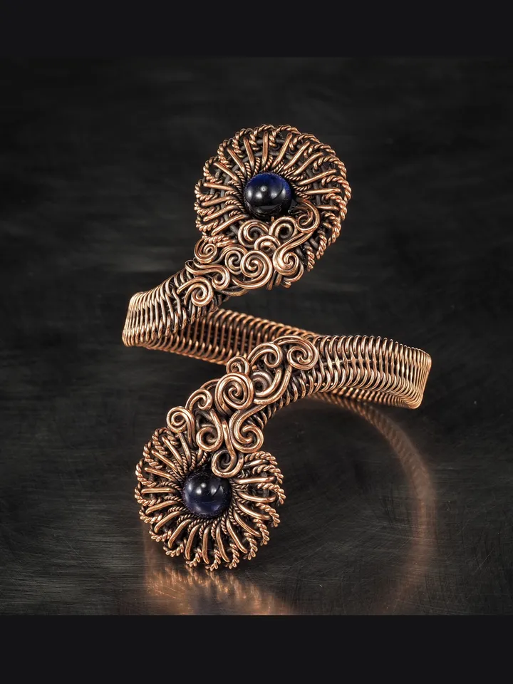 Natural falcon eye cuff bracelet for woman, Copper wire wrapped flower bangle