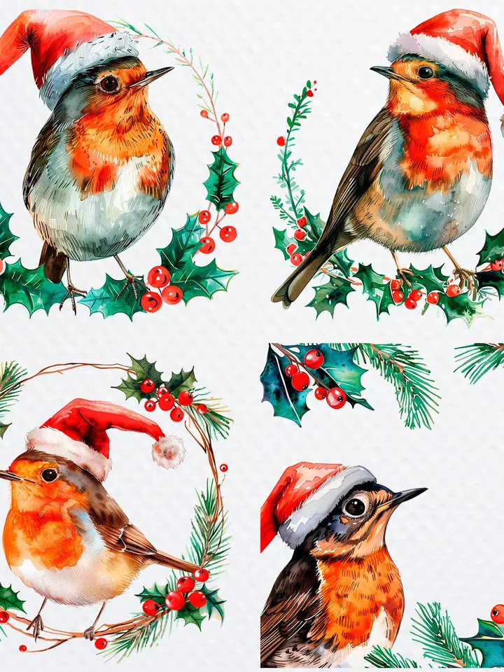 21 Christmas Robin In Hat PNG Bundle, Winter Printable Watercolor clipart for sublimation, Digital download, Paper craft, junk journals