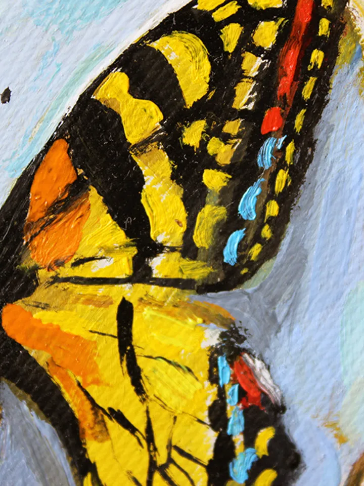 Butterfly medallions painted with oil paints on quartz vinyl, with a loop to hang. 3 pieces.