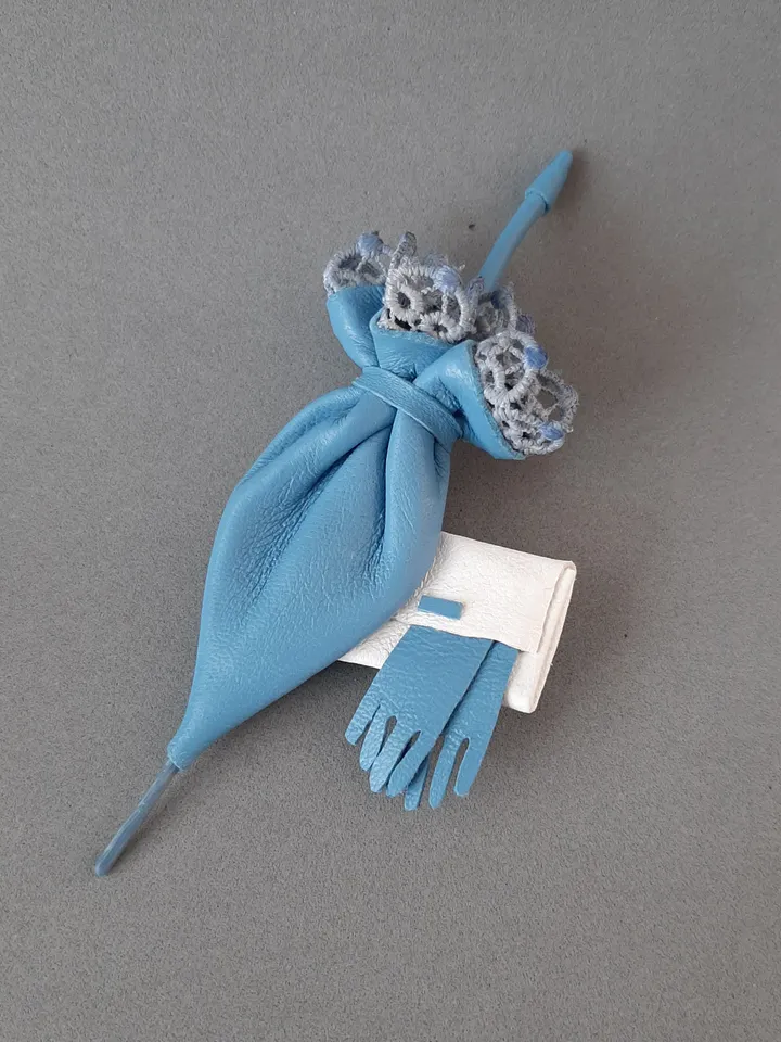 Blue leather brooch umbrella for her , 3rd anniversary gift for wife, Leather women's jewelry
