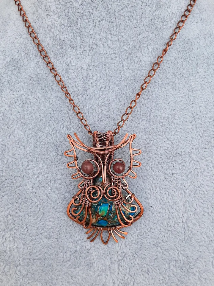 Elegant Handmade Pendant with Natural Stone in Copper Wire Wrapping