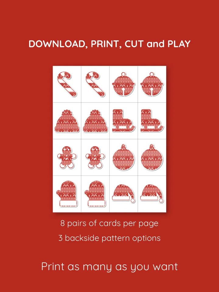 Concentration game. Matching pairs game. Memory card game. Holiday family game. Printable memory cards.Stocking stuffers