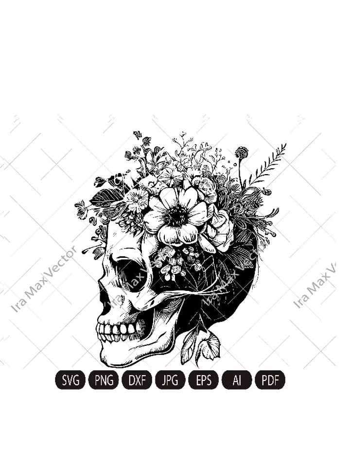 Skull svg file, Flower Skull svg, Skull cut file, Floral Skull svg file, Sugar Skull Svg file, skull flower crown, halloween, gothic, goth