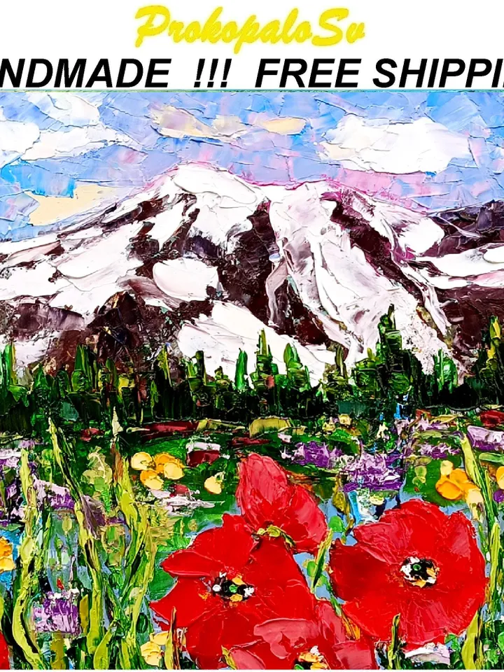 Mount Rainier Painting Washington Landscape Original Art Mountains Impasto Wall Decor for Home Travel Gifts by ArtProkopaloSv