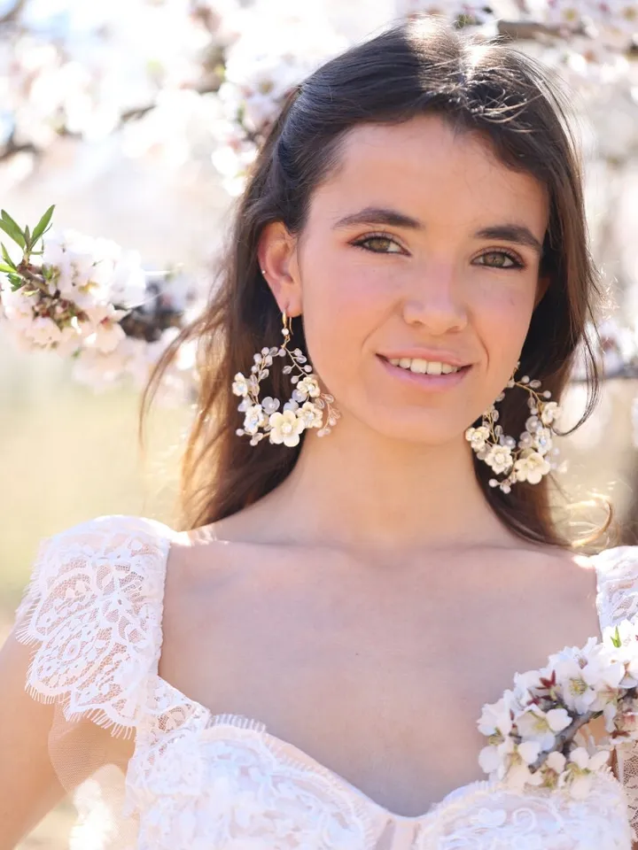 Porcelain Flowers Hoop Bridal Earrings, Champagne Gold Floral Wedding Jewelry, Statement Crystal Bridal Earrings, Statement Wedding Earrings