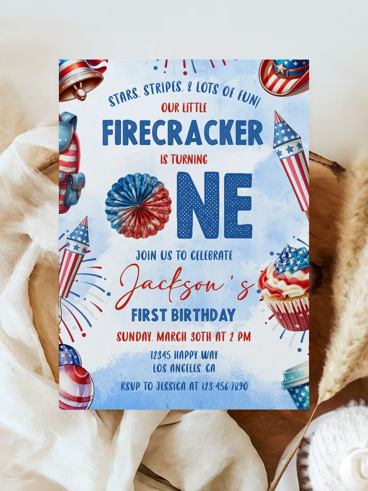 Firecracker birthday invitation, Our little firecracker is turning one, 1st birthday boy invite, Editable template Instant download