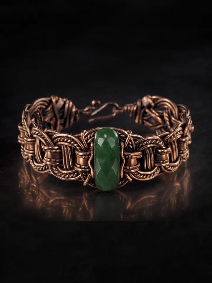 Copper wire wrapped jade bracelet 7th Anniversary gift