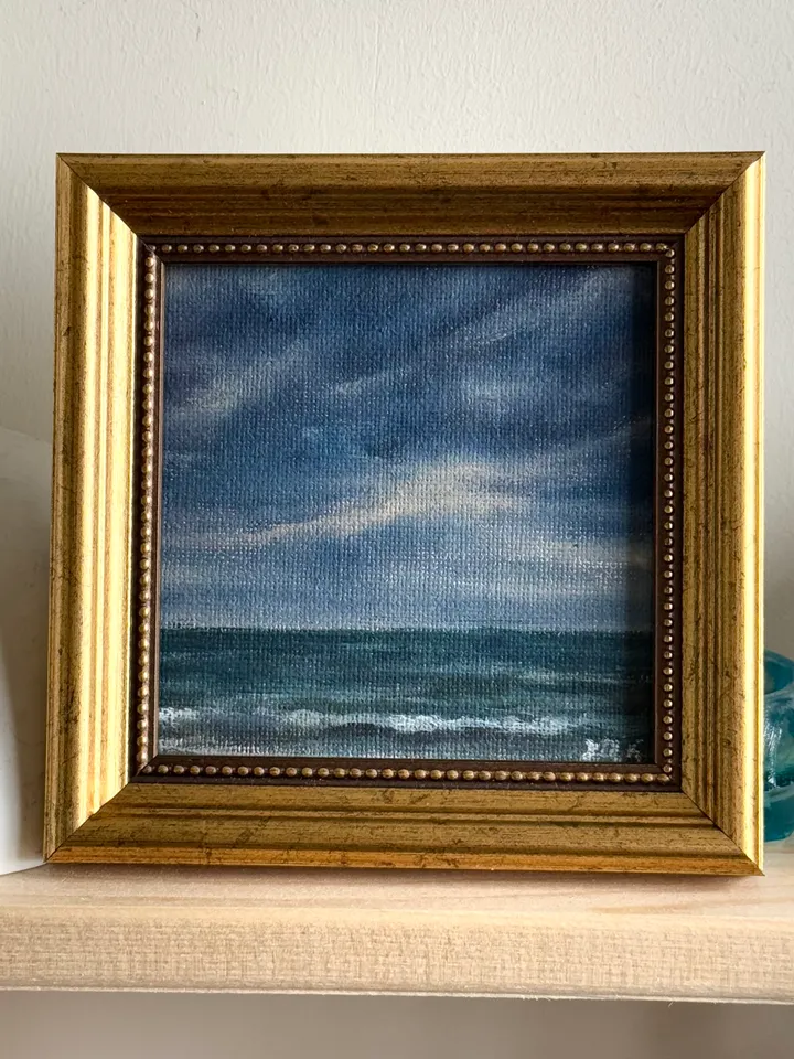 Small Landscape Painting On Canvas Framed Original Coastal Painting Antique Cloud Art Beach Gold Frame Paintings 4 x 4 Art Victorian