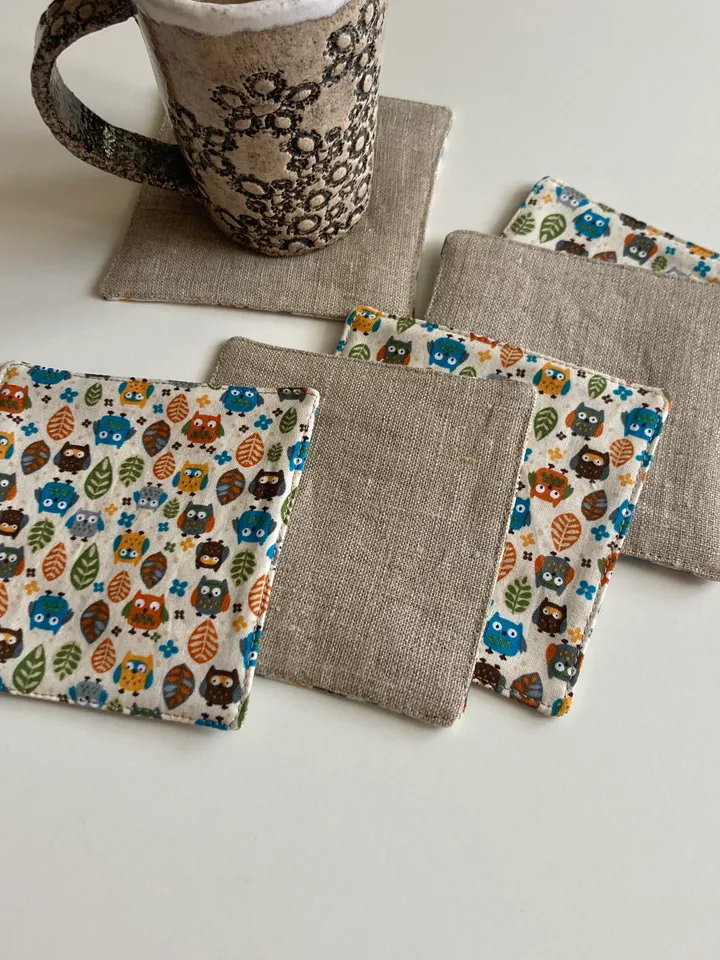 Owl coaster Set of 6 Linen-cotton coasters 4.5'' x 4.5''