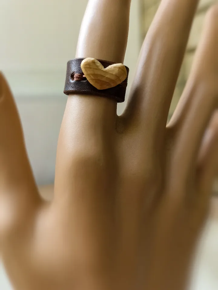 Leather Ring with Natural Juniper Wood Heart | Handmade Boho Jewelry | Eco-Friendly Accessory
