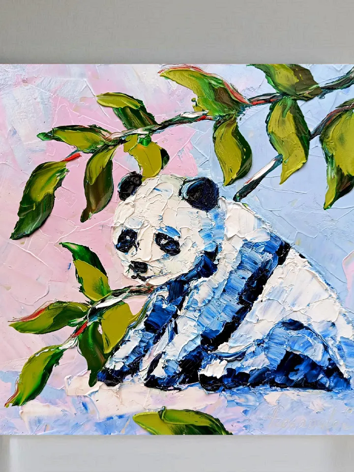 Panda Painting Panda Wall Decor Original Art Impasto Oil Painting Farm Small Artwork Gift 8x8 in by ArtProkopaloSv