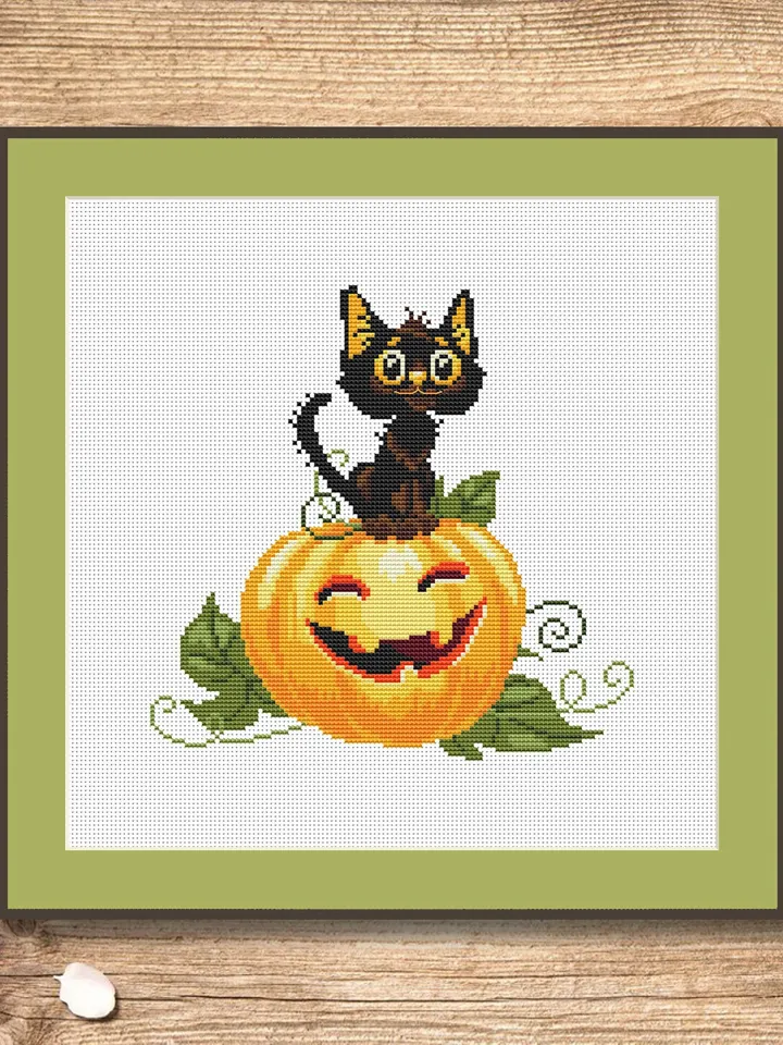Happy Halloween Cross Stitch Pattern, Halloween Cat Cross Stitch Pattern, Pumpkin Cross Stitch Pattern, Cat on the Pumpkin #hld002