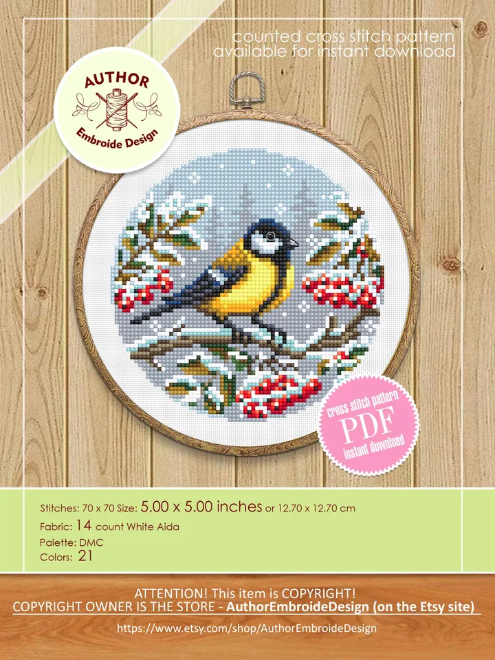 Set of 3 Winter birds cross stitch pattern PDF download Snow nature cross stitch chart, Christmas pattern digital PDF, Red Cardinal #K53