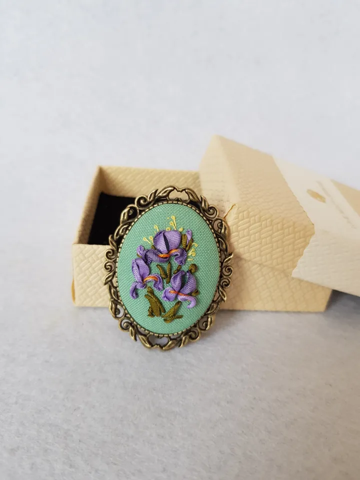 Ribbon embroidered brooch for her, embroidery irises