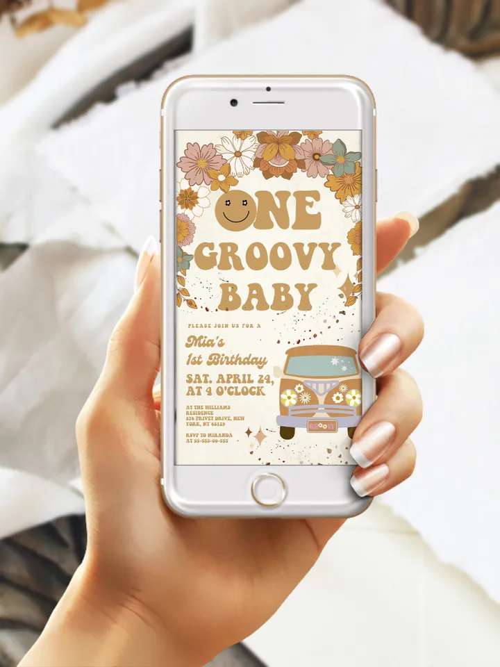 One Groovy Baby Editable Any Age Pink Groovy Van Daisy Rainbow Hippie Birthday Invitation Let's get Groovy 1st Birthday Invitation ; gr3