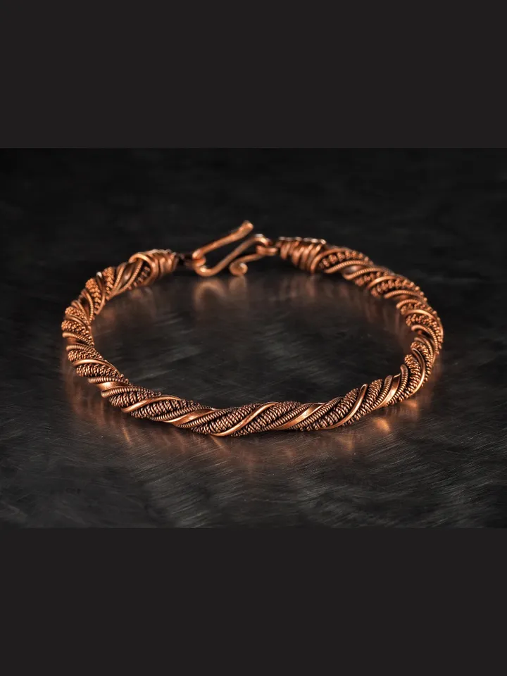 Unique wire wrapped narrow copper bracelet Healing handcrafted art jewelry for husband or wife 7th 22nd Wedding Anniversary gift idea Unique pure copper wire wrapped jewelry Antique style Handmade statement artisan jewellery Healing copper therapy bracele