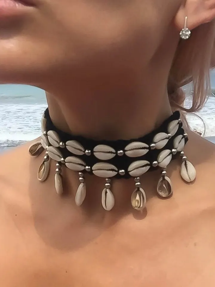 Shell Choker Cowrie Adjustable Tie Hippie  Boho Coachella | Summer Shell Makrame Choker | Bohemian Shell Choker Black Gem Black | Handmade