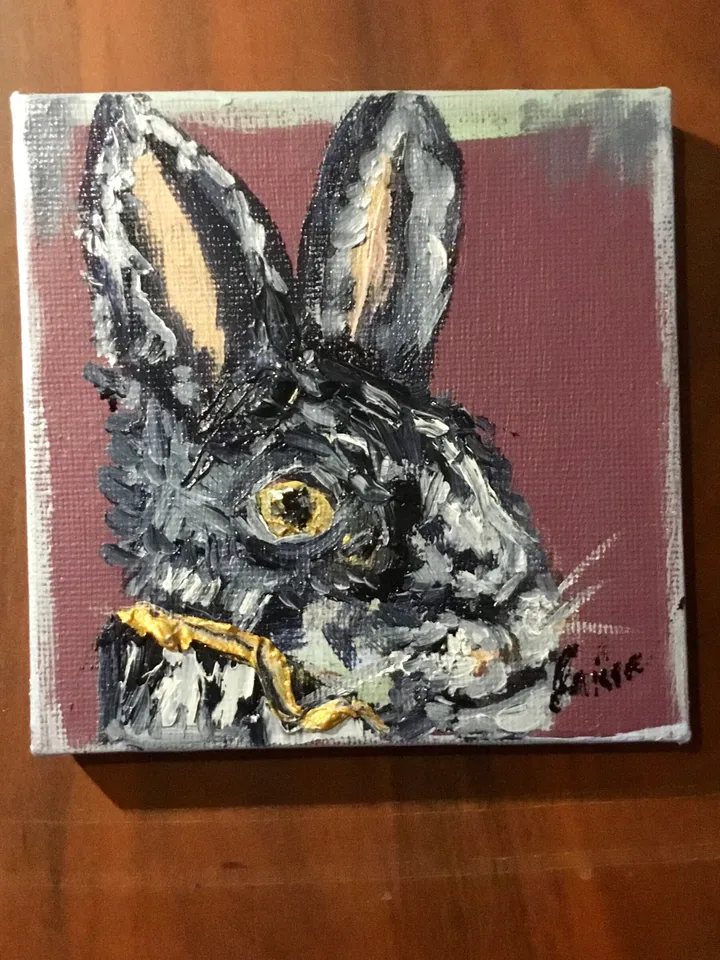 Set of 2 black rabbits painting,bunnies diptych painting original oil painting on small canvases,miniature love uniqie gift paintin