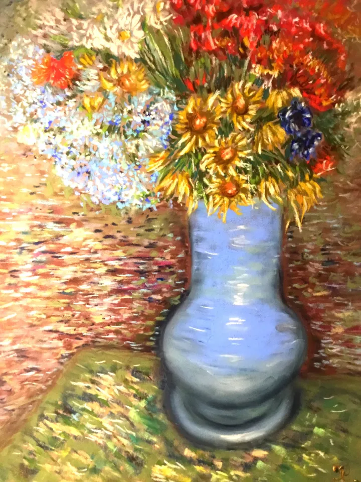 Vase of flowers,impressionistic soft pastel painting on pastelmat Monet inspired,gift for her,original wall art.