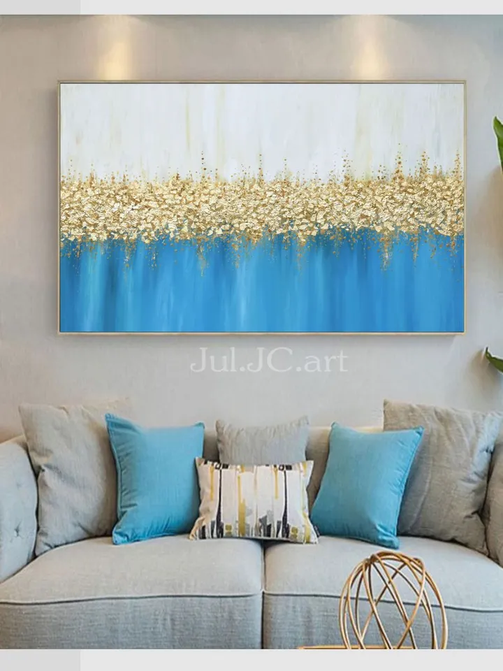 Gold and Blue Turquoise Abstract Wall Art Gold leaf Painting on Canvas | Modern Abstract painting Above bed decor