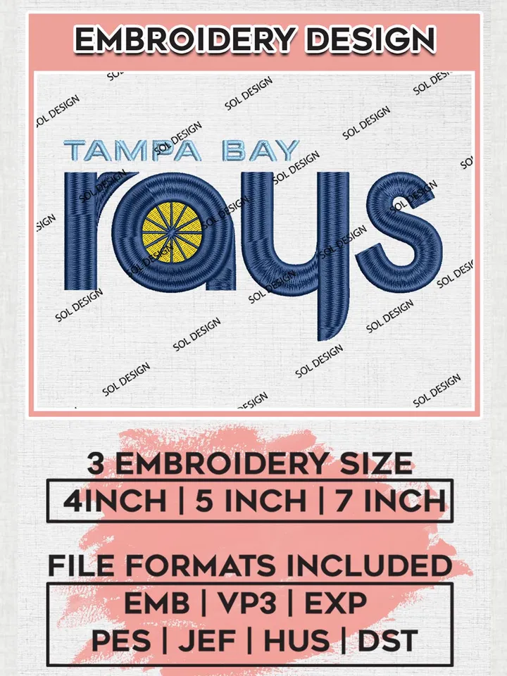 MLB Tampa Bay Rays Wordmark Logo Embroidery Files, MLB Tampa Bay Rays Team Embroidery, MLB Teams, 3 sizes, MLB Machine embroidery designs, Digital Download