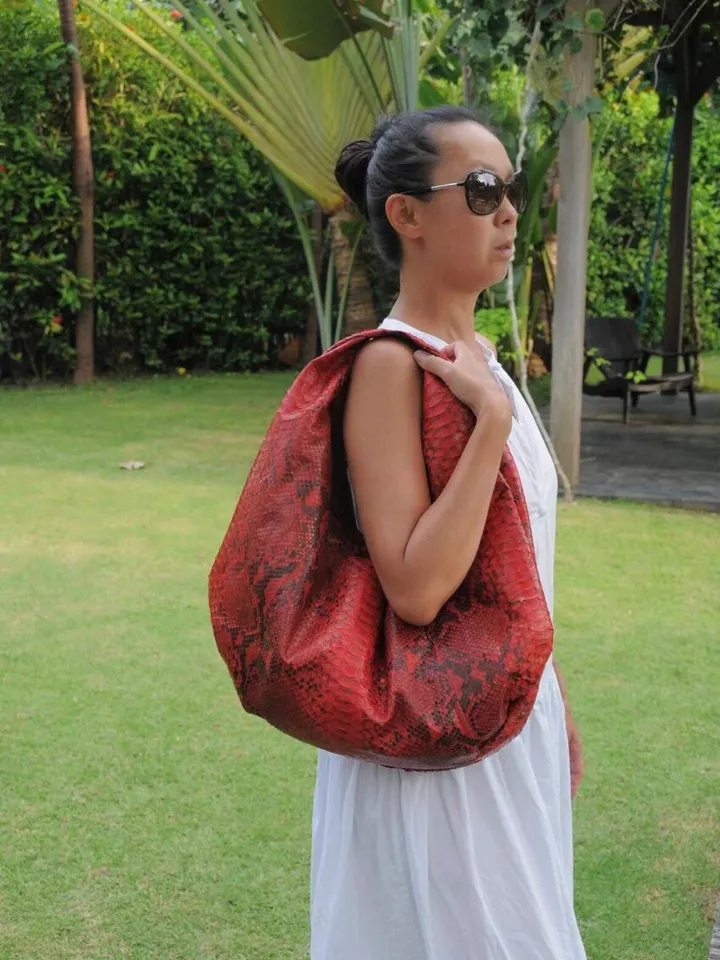 Big Soft Hobo Classy Sport Woman Bag | Purse Genuine Python Skin | Python Skin Products | Red Big Elegant Leather Designer Soft Bag Snake