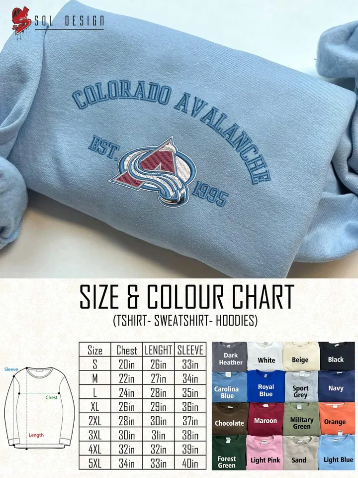 Colorado Avalanche Est 1995 Embroidered Sweatshirt, NHL Team Embroidered Sweater, NHL Colorado Avalanche Shirt, Hockey Team Embroidered Hoodie, Unisex Crewneck, NHL Hockey Team Fan Gift Tee