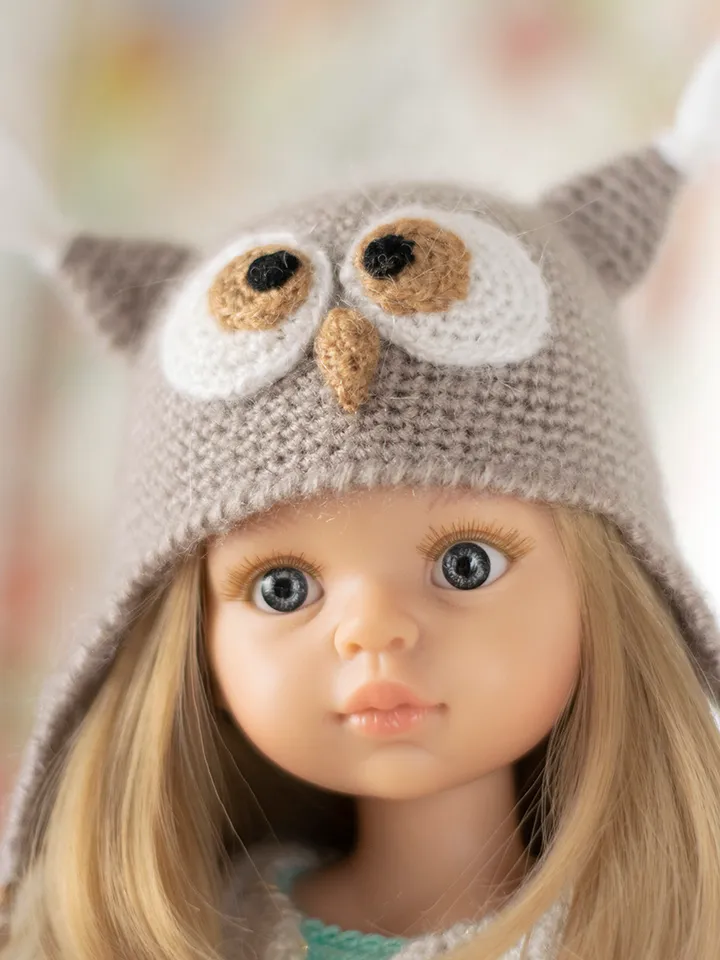 Owl hat for Paola Reina doll, Dumplings, Little Darling, Siblies RRFF for Halloween, animals hat with ears for doll