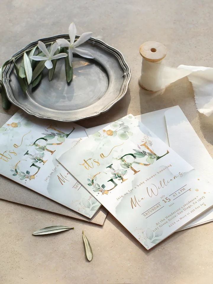 It's a Girl Baby Shower Invitation Template; Greenery Girl baby shower; Green Gold Leaves Baby Girl Invite; Botanical Eucalyptus Baby Shower