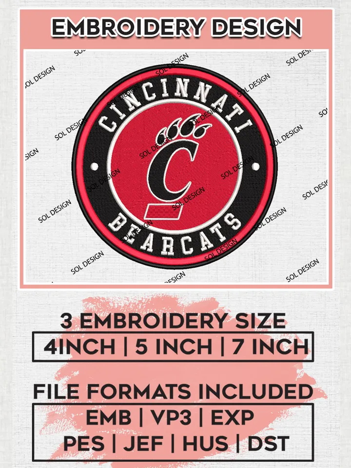NCAA Cincinnati Bearcats Round Logo Embroidery, NCAA Cincinnati Bearcats Logo Embroidery files, NCAA Teams, Machine embroidery designs, Digital Download