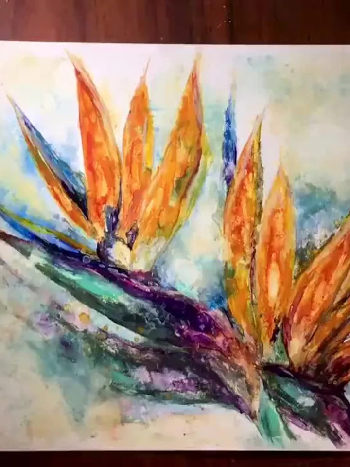 Bird of paradise flower, strelitzia flower original watercolour mix media painting on yupo paper,one of a kind painting,gift,wall art.