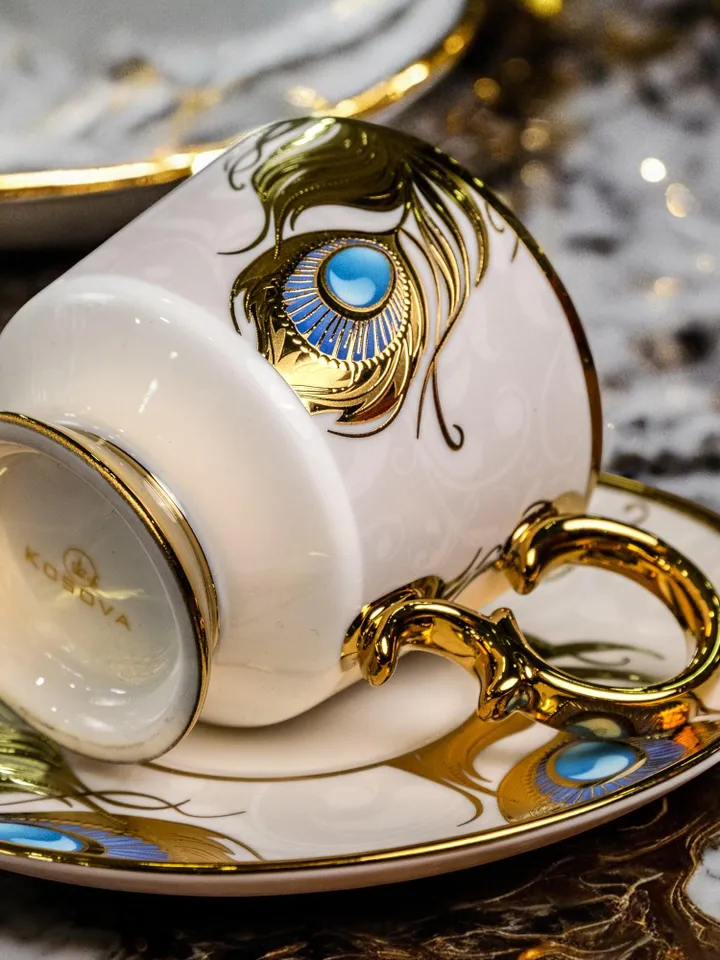 14K Gold Powder Peacock Porcelain Tea Cups And Saucers | Tea Cups Saucers Set | Gold Porcelain Set | Elegant Teaware | Gift For Tea Lovers
