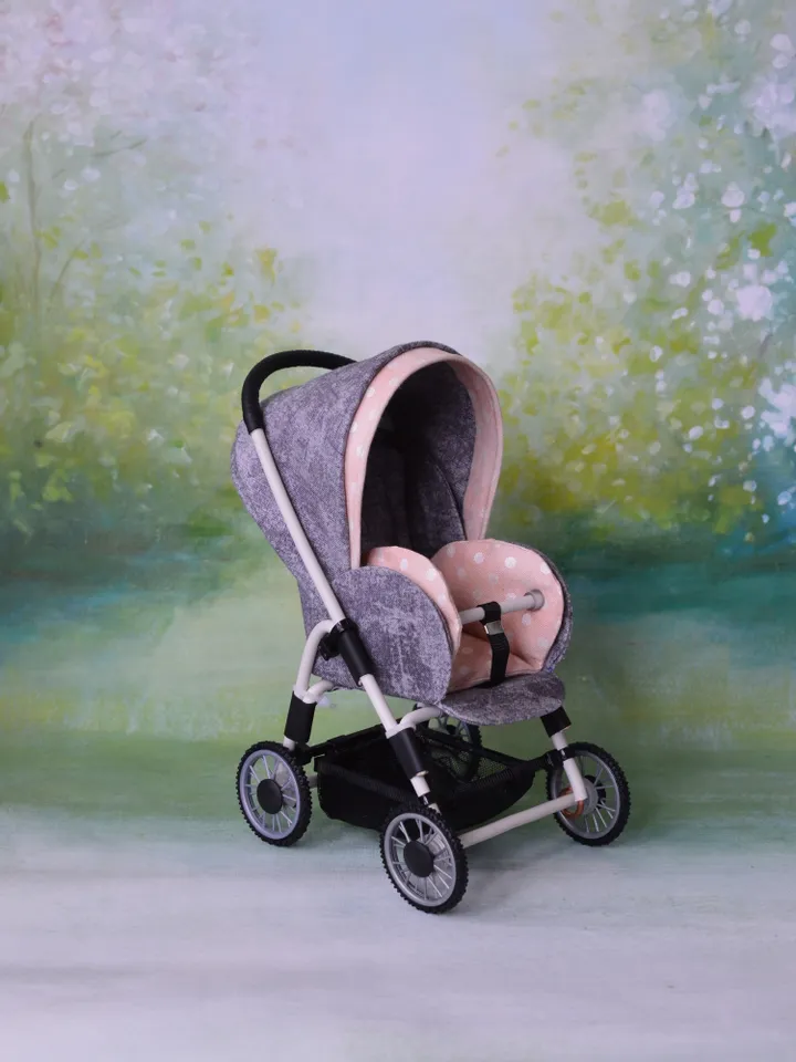 Miniature toy stroller for dolls in 1/6 scale. Accessories for small dolls and poupins. Pram for Barbie doll.