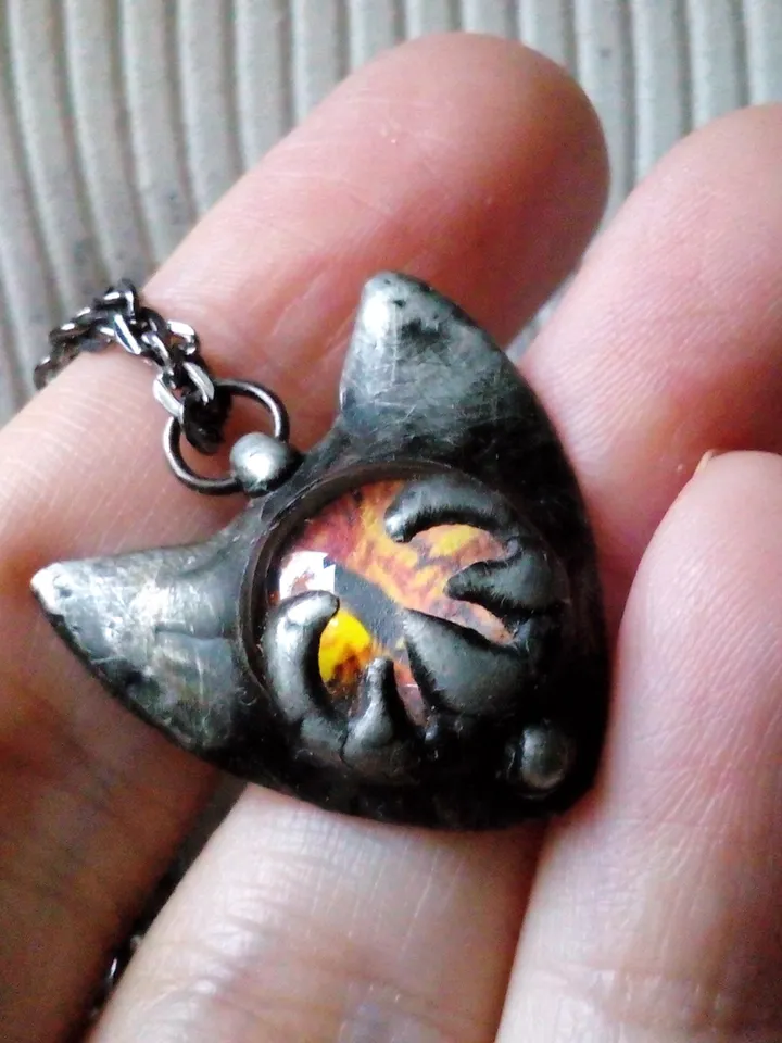 CAT necklace, cat eye tin soldered pendant, cat lovers jewelry, Halloween necklace, witchy aesthetic, goth bat pendant