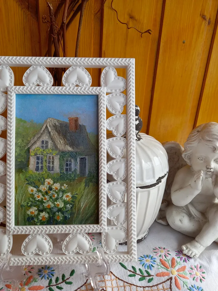 Oil original painting Summer landscape with a house 10x15 cm