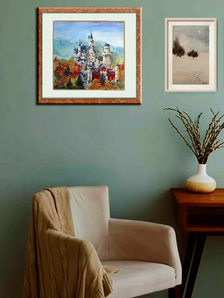Watercolor painting Swan Castle. Bavaria 28x29,5 cm (11х11,6 inches)