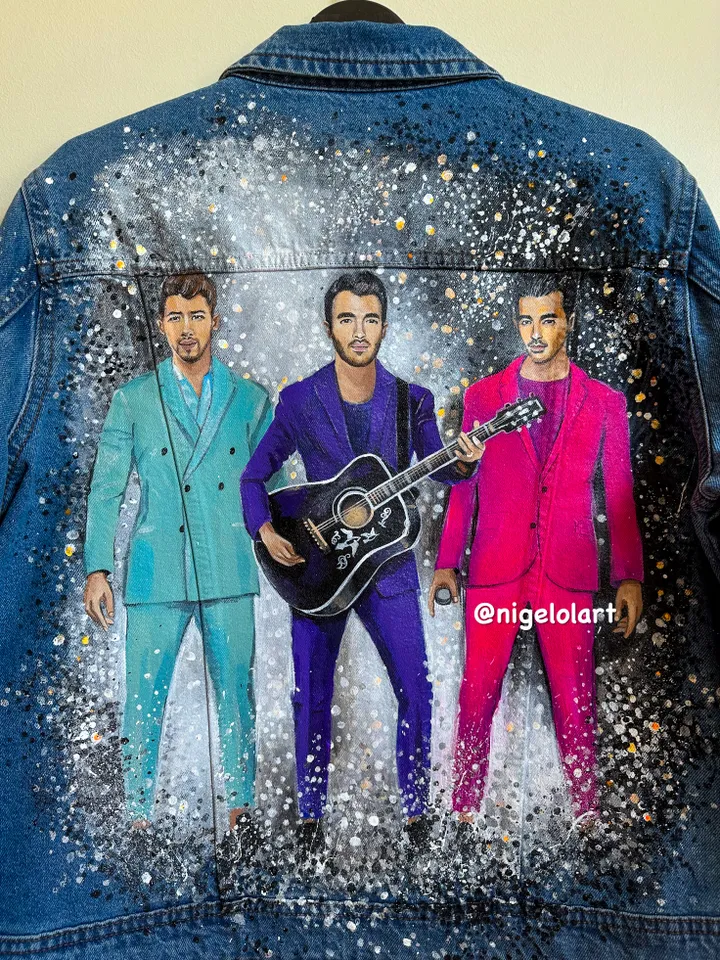 Jonas Brothers Painted denim jacket, custom made denim jackets, custom denim vest, personalized jean jackets, gift for