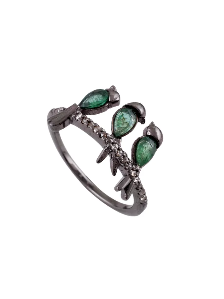 Natural Emerald diamond sterling silver Victorian Ring