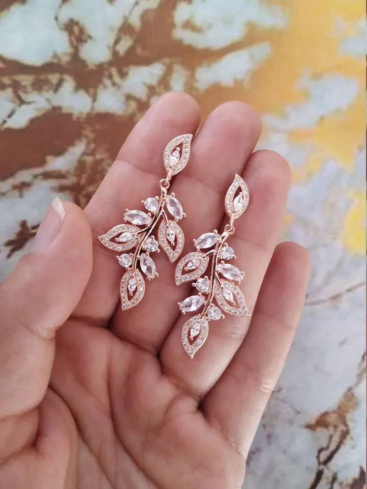 Full Zircon Rose Gold Leaf Wedding Earrings, Art Deco Jewellery Chandelier Statement Earrings, Vintage Style Floral Floral Wedding Jewelry,