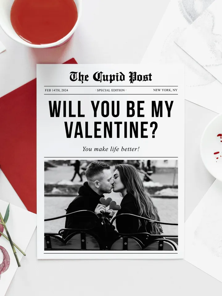 Valentines Cupid Post Newspaper, Valentises Day Newspaper Template, Will You Be My Valentine, Printable Flower Wrap, Editable Corjl Template