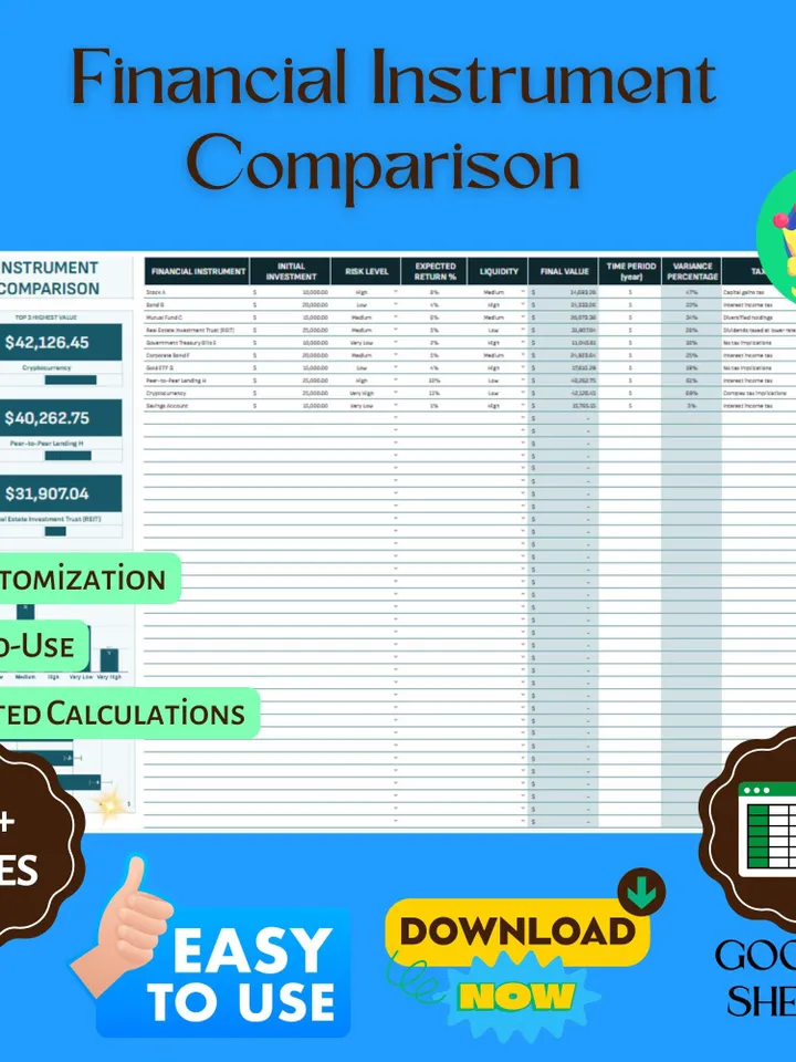 Financial Instrument Comparison Template, Editable Google Sheets, Digital Download for Investment Analysis & Decision-Making