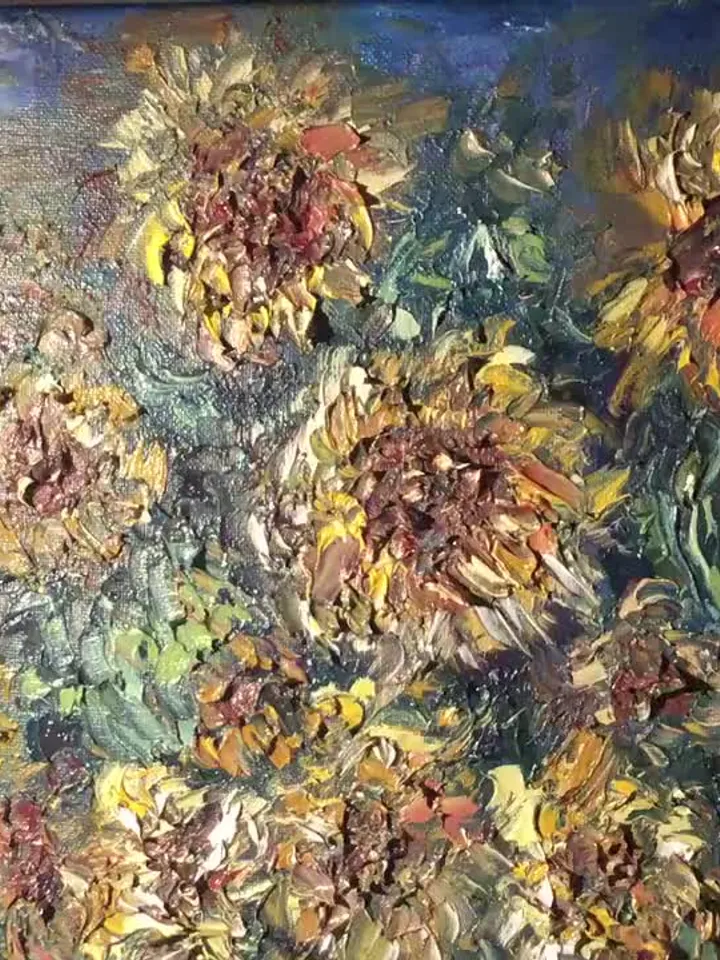 Sunflowers in a vase original impasto textured oil painting on 3 d canvas,unique handmade gift for art lovers,impressionistic wall hanging .