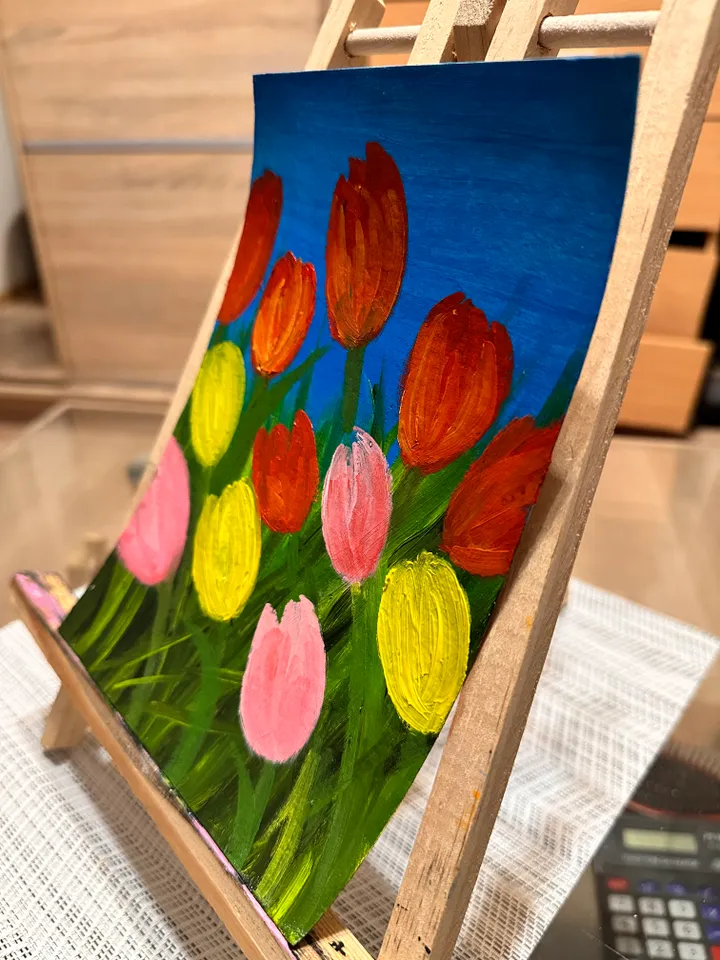 Oil Painting Tulips Spring Plants Flowers Nature Floral Art Wall Decor Miniature New Unframed Cardboard 8x6 Inches 21x15 cm