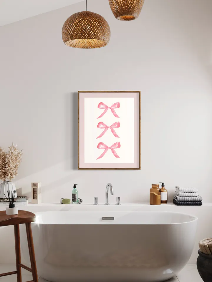 Pink Bow Painting Art Print, Watercolor Bow, Pink and White, Newborn Girl, Pink Chinoiserie Wall Art Print