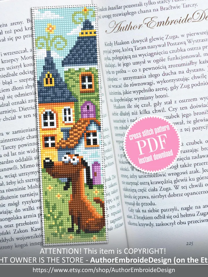 Dog bookmark cross stitch pattern PDF download Pet cross stitch chart, Simple bookmark pattern digital PDF, Fairy houses cross stitch #B467
