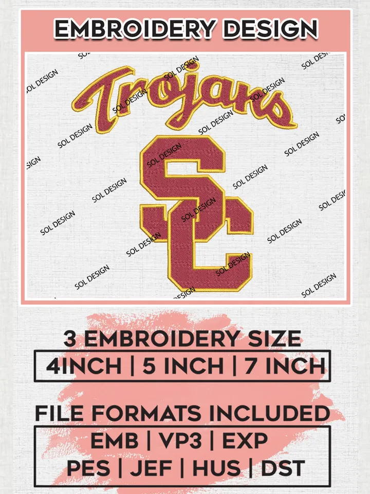 NCAA Trojans College Football Team Logo Embroidery Design Files, NCAA USC Trojans Machine Embroidery, NCAA Teams, 3 sizes, NCAA Machine embroidery designs, Digital Download