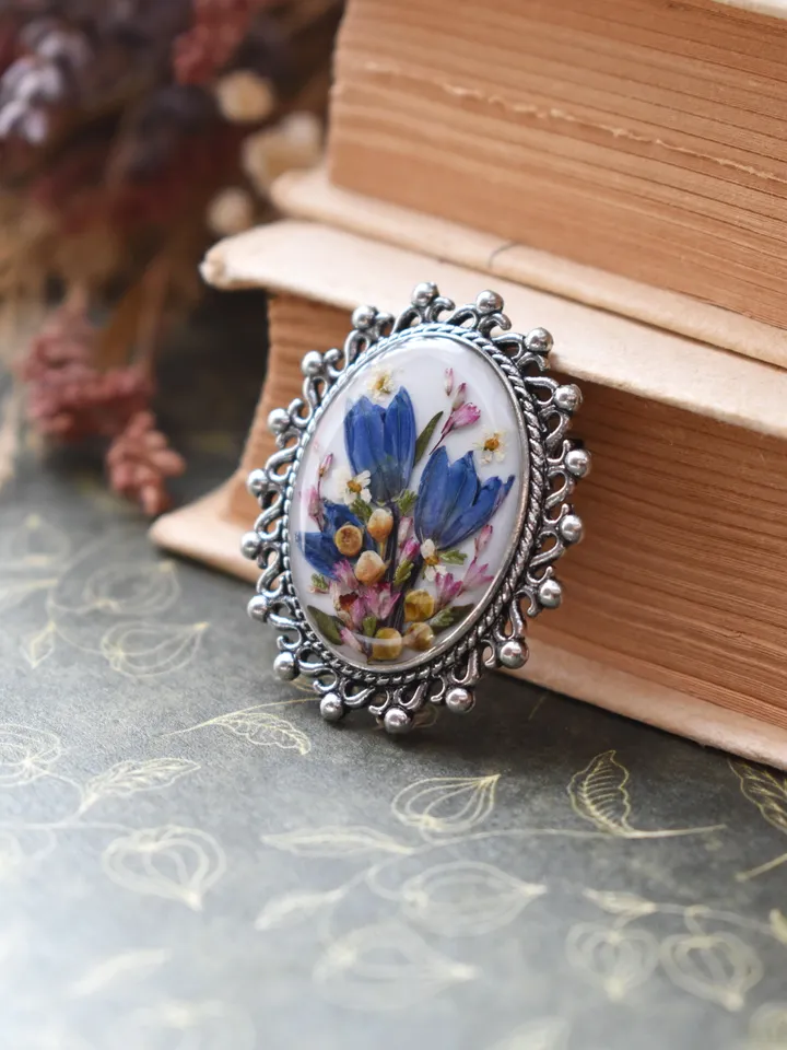 Real Flower Brooch. Brooch with Scilla in resin. Summer Brooch.