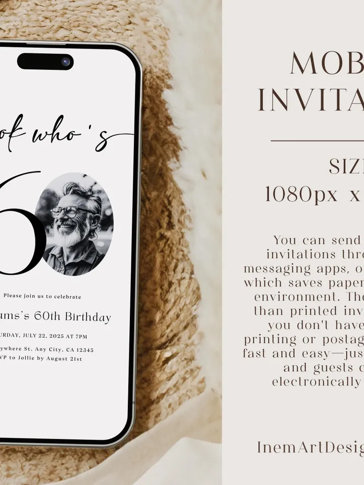 Look Who's 60 Funny Birthday Invitation, 60th Invitation with photo, 60th Birthday Invitation for Men, Simple 60th Invite, Male 60th Invites
